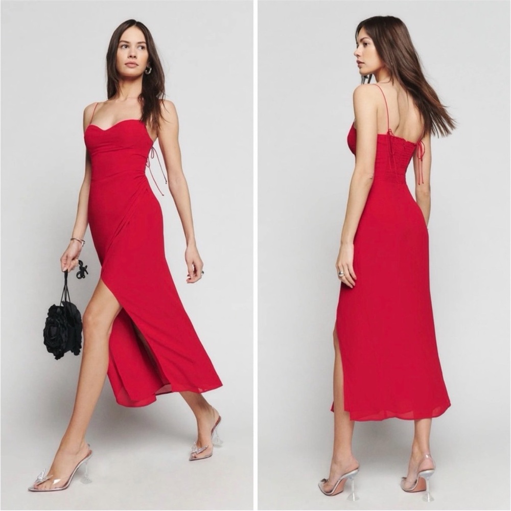 Reformation Kourtney Dress - Red Spaghetti-Strap Midi Dress with Side Slit